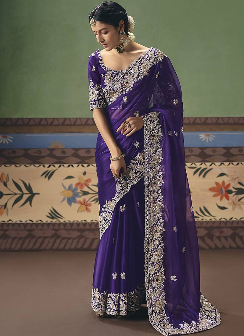 Purple fancy fabric embroidered saree