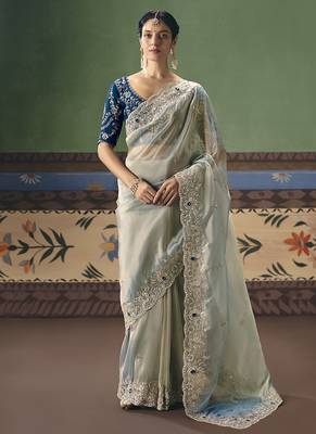 Light sea green fancy fabric embroidered saree 1