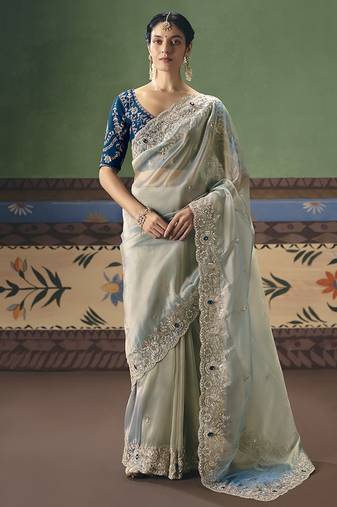 Light sea green fancy fabric embroidered saree