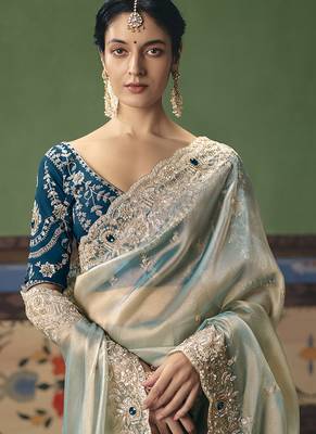 Light sea green fancy fabric embroidered saree 2