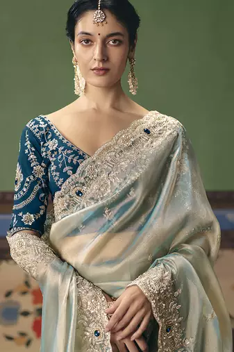 Light sea green fancy fabric embroidered saree