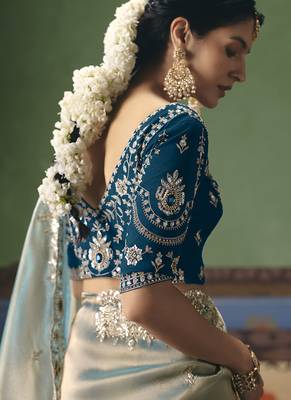 Light sea green fancy fabric embroidered saree 3
