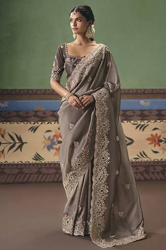 Taupe fancy fabric embroidered saree