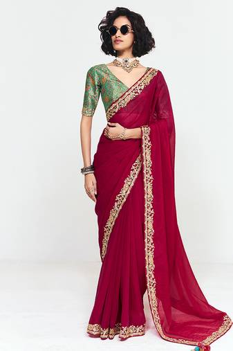 Fancy fabric embroidered crimson red saree
