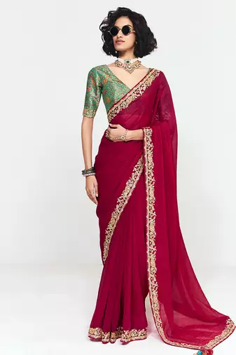 Fancy fabric embroidered crimson red saree