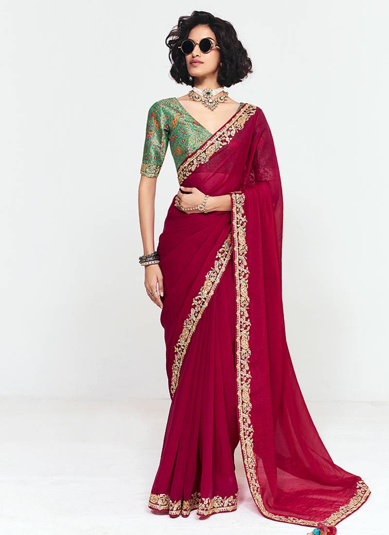 Fancy fabric embroidered crimson red saree