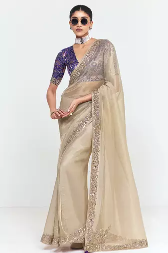 Fancy fabric embroidered beige saree