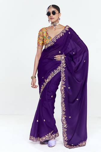 Fancy fabric embroidered purple saree