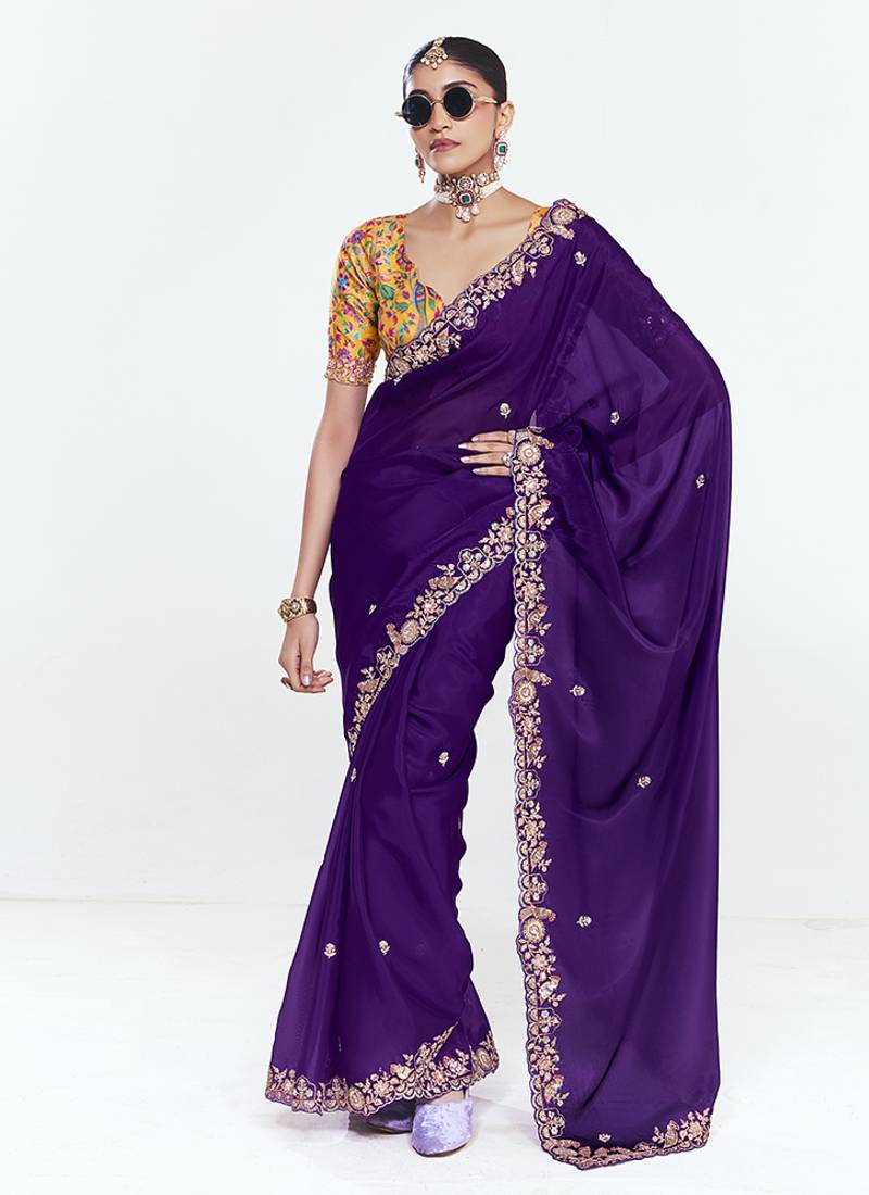Fancy fabric embroidered purple saree