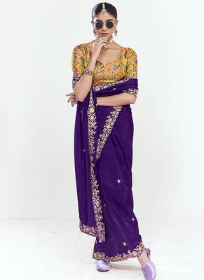 Fancy fabric embroidered purple saree 3