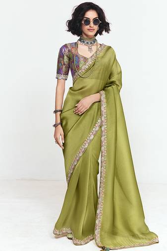 Fancy fabric embroidered olive green saree