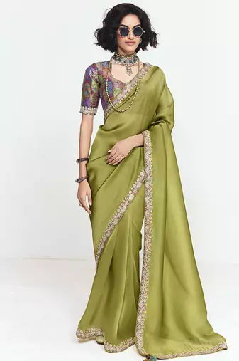 Fancy fabric embroidered olive green saree