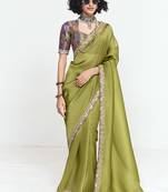 Fancy fabric embroidered olive green saree