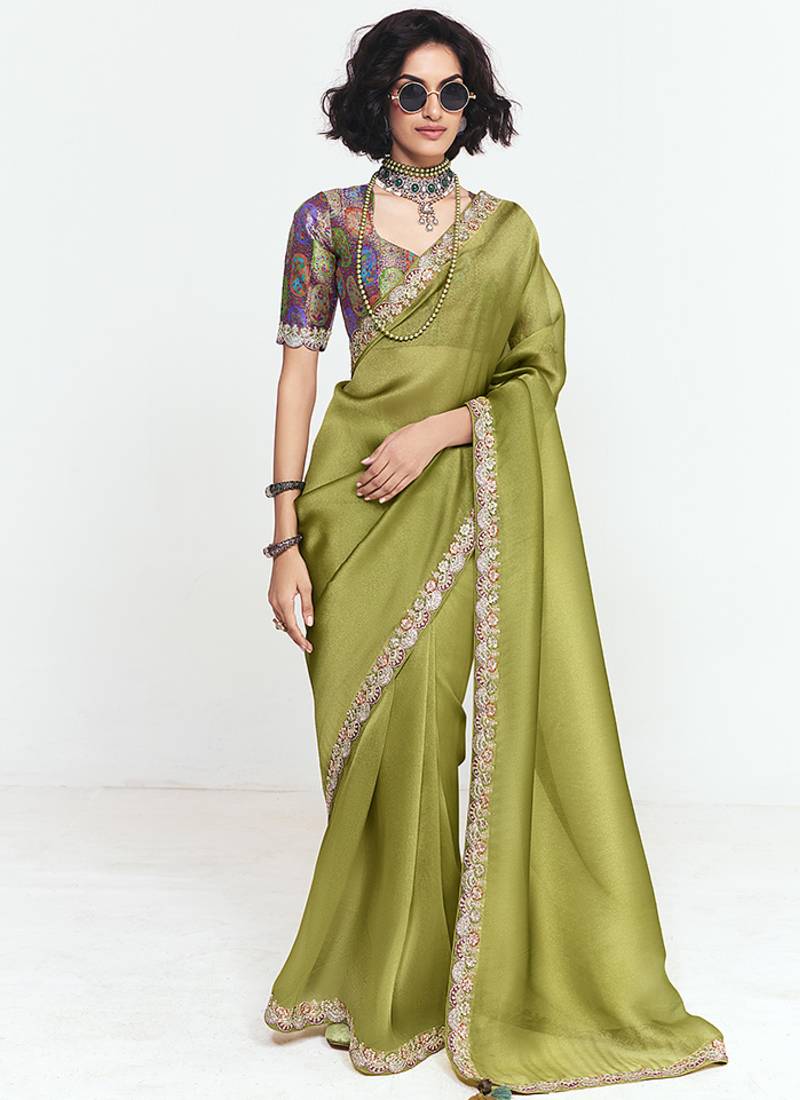Fancy fabric embroidered olive green saree