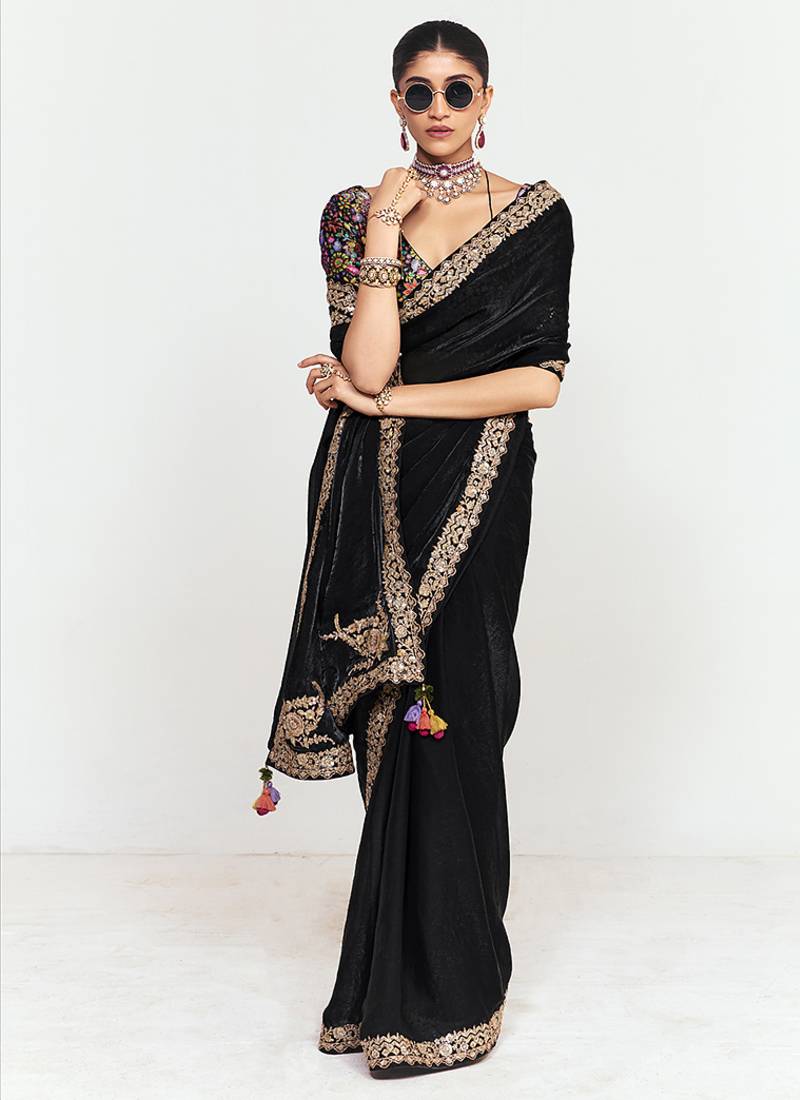 Fancy fabric embroidered black saree