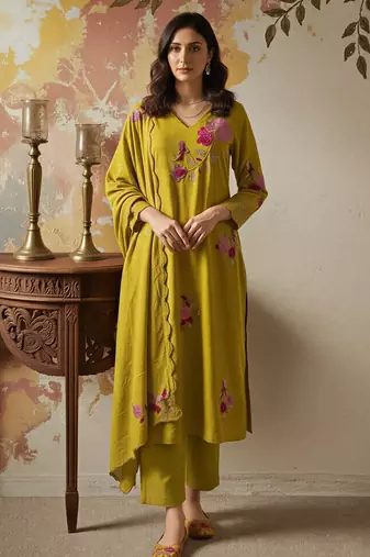 Dark-lemon embroidered chanderi silk thread work ethnic-kurtis