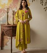 Dark-lemon embroidered chanderi silk thread work ethnic-kurtis
