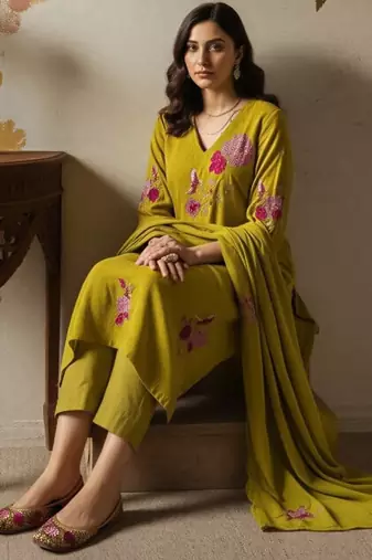 Dark-lemon embroidered chanderi silk thread work ethnic-kurtis