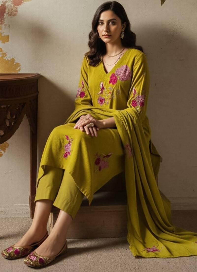 Dark-lemon embroidered chanderi silk thread work ethnic-kurtis