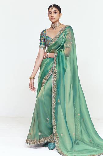 Fancy fabric embroidered sea green saree