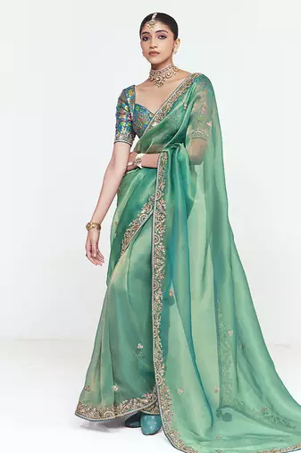 Fancy fabric embroidered sea green saree