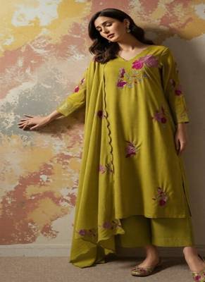 Dark-lemon embroidered chanderi silk thread work ethnic-kurtis 4