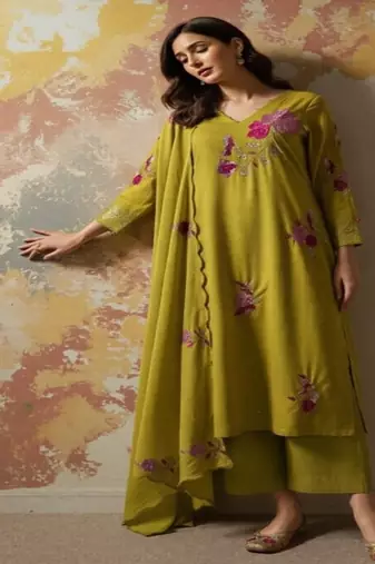 Dark-lemon embroidered chanderi silk thread work ethnic-kurtis