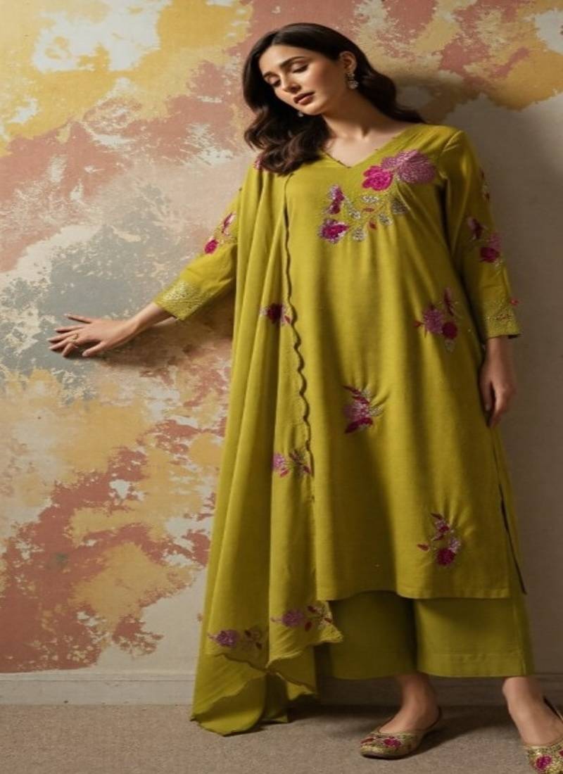 Dark-lemon embroidered chanderi silk thread work ethnic-kurtis