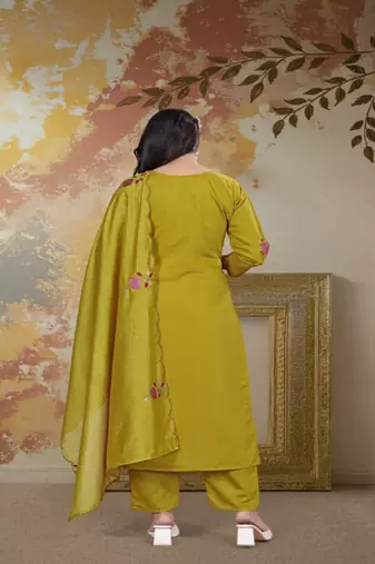 Dark-lemon embroidered chanderi silk thread work ethnic-kurtis