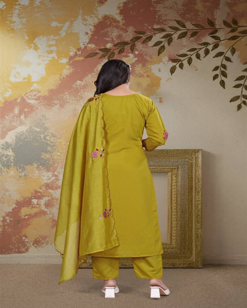 Dark-lemon embroidered chanderi silk thread work ethnic-kurtis