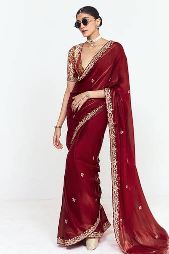 Fancy fabric embroidered maroon saree