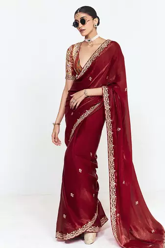 Fancy fabric embroidered maroon saree