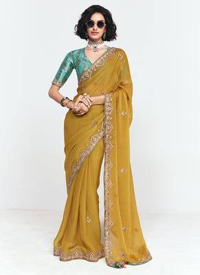 Fancy fabric embroidered mustard saree 1