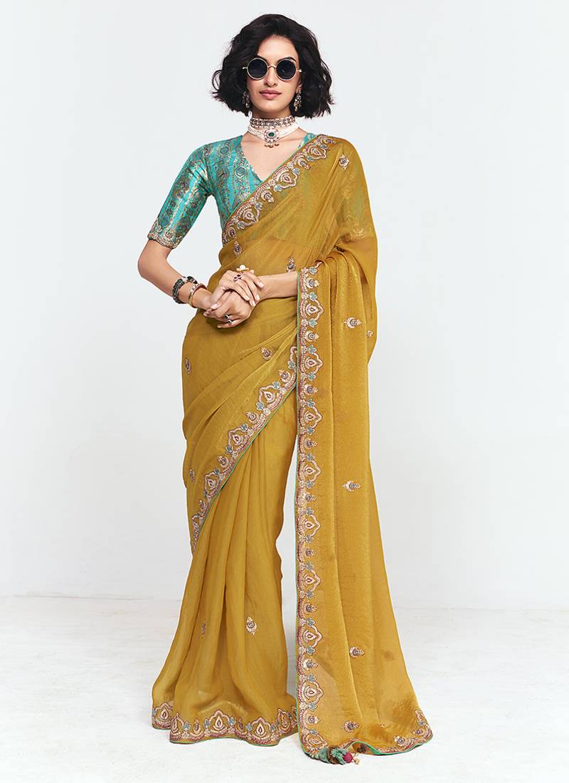 Fancy fabric embroidered mustard saree