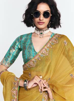 Fancy fabric embroidered mustard saree 2