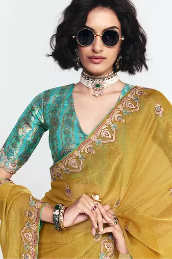 Fancy fabric embroidered mustard saree