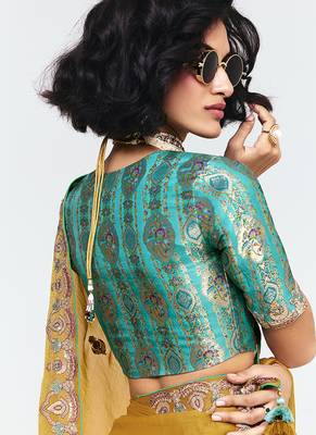 Fancy fabric embroidered mustard saree 3
