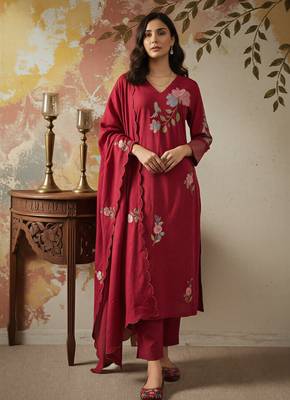 Blood-red embroidered chanderi silk thread work ethnic-kurtis 1