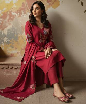 Blood-red embroidered chanderi silk thread work ethnic-kurtis 2