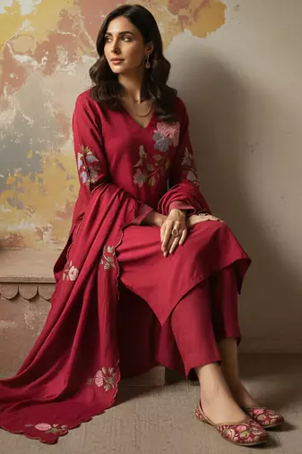 Blood-red embroidered chanderi silk thread work ethnic-kurtis