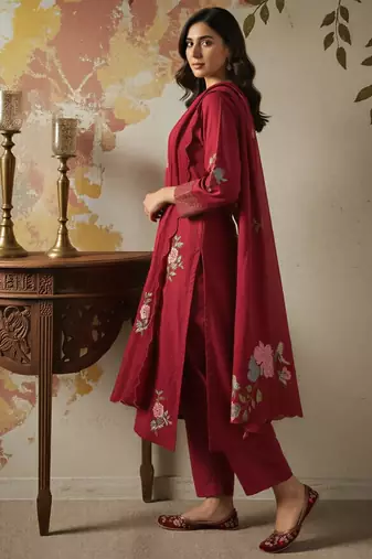 Blood-red embroidered chanderi silk thread work ethnic-kurtis
