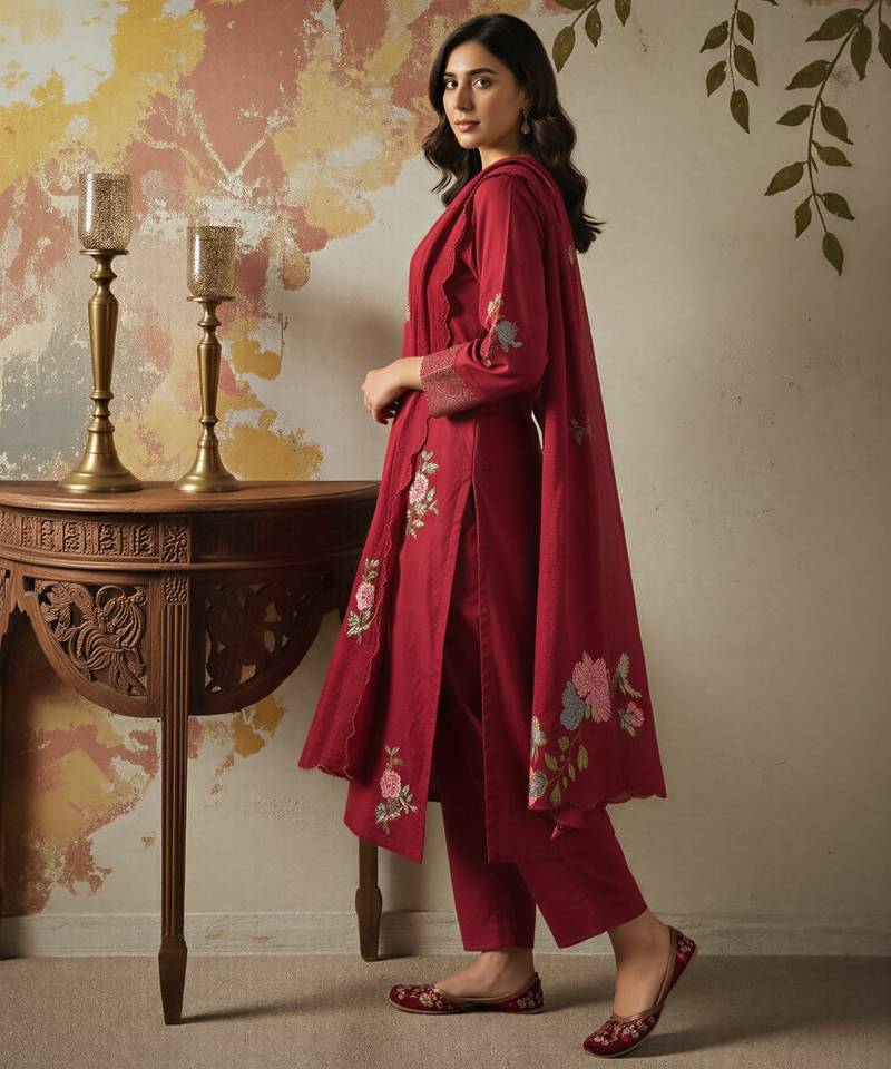 Blood-red embroidered chanderi silk thread work ethnic-kurtis