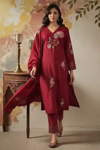 Blood-red embroidered chanderi silk thread work ethnic-kurtis