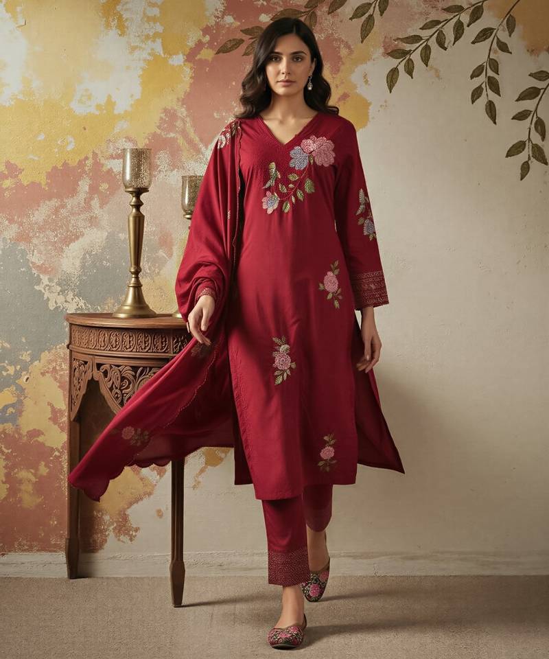 Blood-red embroidered chanderi silk thread work ethnic-kurtis