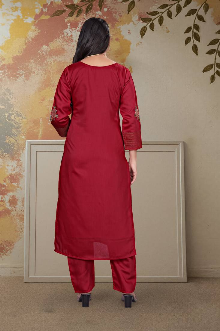 Blood-red embroidered chanderi silk thread work ethnic-kurtis