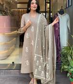 Cream embroidered cotton thread work ethnic-kurtis