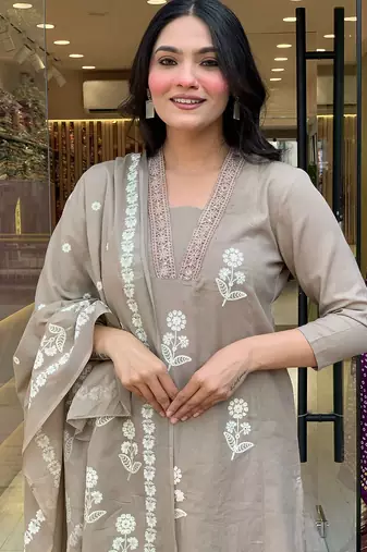 Cream embroidered cotton thread work ethnic-kurtis