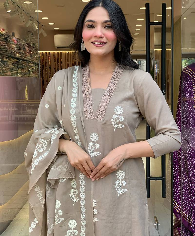 Cream embroidered cotton thread work ethnic-kurtis