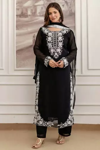Black embroidered georgette thread work ethnic-kurtis