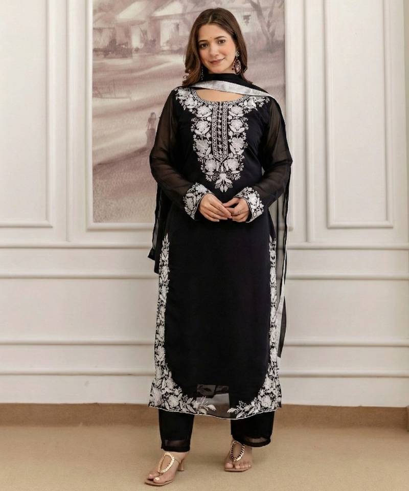 Black embroidered georgette thread work ethnic-kurtis